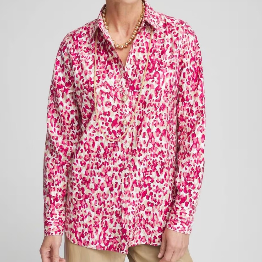 Chico's No Iron Leopard Print Shirt Pink Blossom Long Sleeve Blouse Size 16